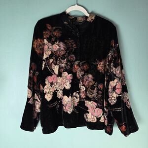 Citron Santa Monica Womens Multicolor Floral Burnout Silk Velvet Button Top PL